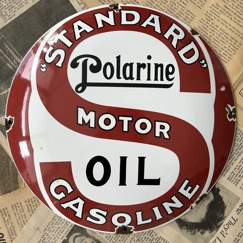 VINTAGE STANDARD MOTOR OIL POLARINE GAS 12 INCH CONVEX PORCELAIN ENAMEL SIGN