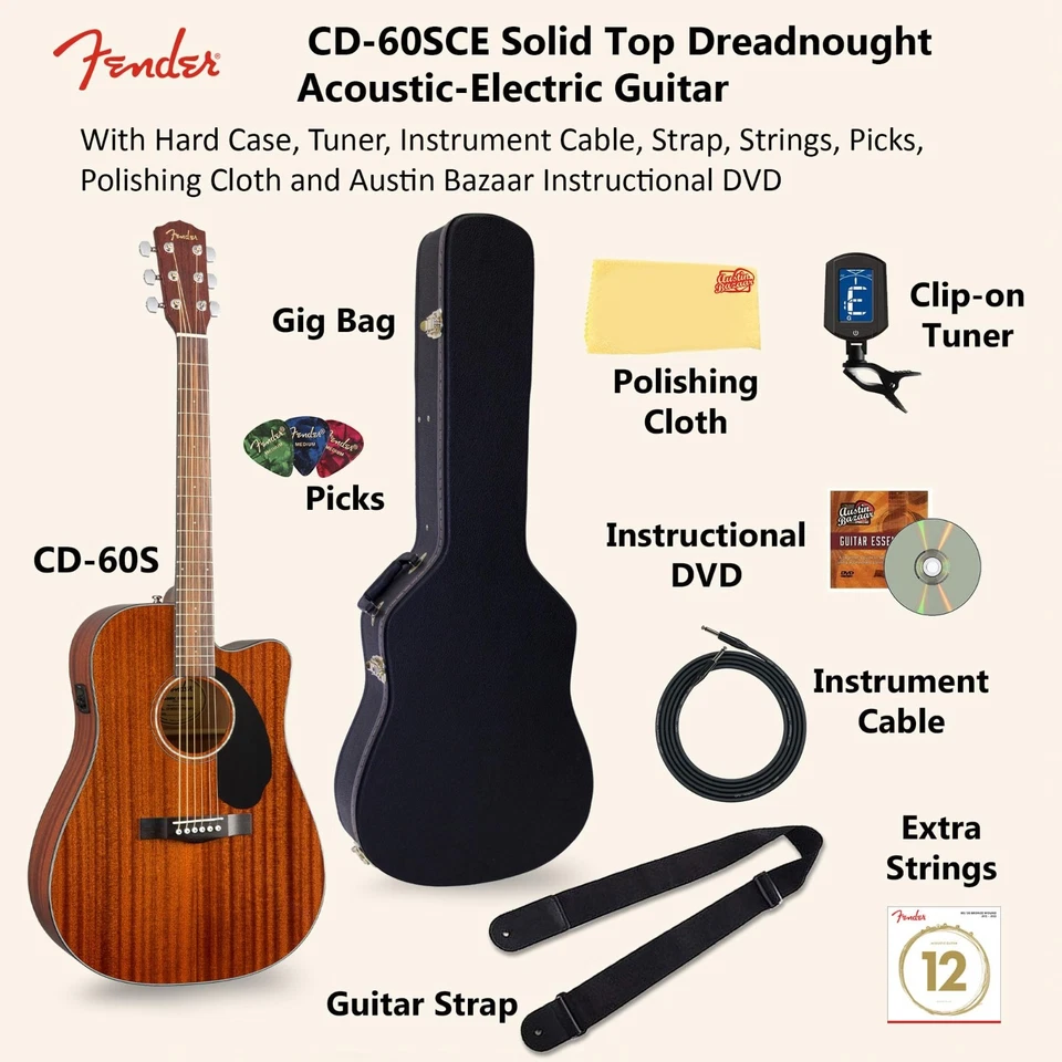 Guitarra Eléctrica Acústica Fender CD-60SCE Dreadnought - Toda Caoba con Estuche Rígido Foto 2 de 4