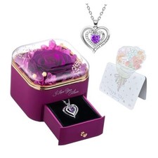 Preserved Real Purple Rose with Heart Necklace, Eternal Flowers Gift for