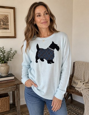 Scottie Dog Sweater Women PL Light Blue Crew Neck Knit Novelty Long Sleeve Cozy
