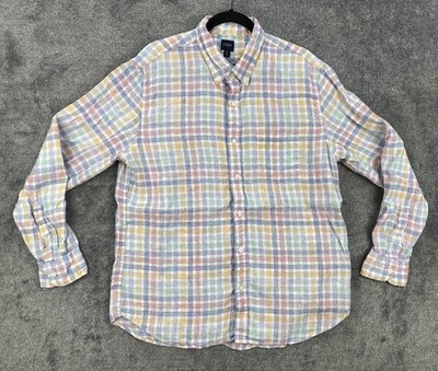 J Crew Shirt Mens XL Plaid Linen Button Down Lightweight Casual