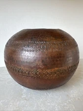 Vintage Hand Hammered Round Copper Brass Pot Vase Bowl 7 x8”  Decorated