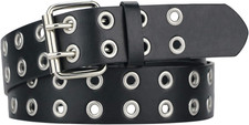 Grommet Leather Belts for Women, Black Belt Women Men with Double Holes