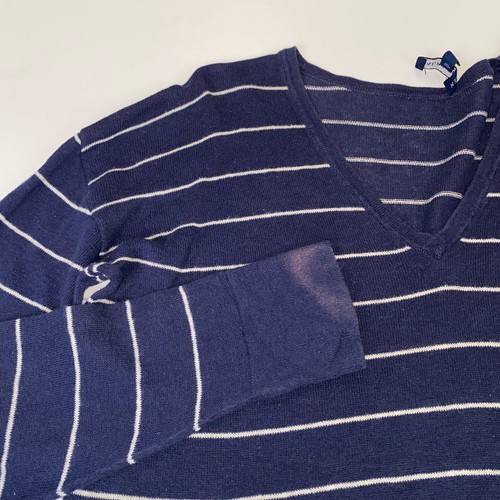 Ralph Lauren Womens Lightweight Jumper Size M Navy Striped V-Neck Linen Blend - Picture 4 of 5
