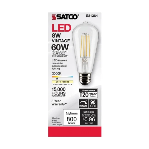 Satco S21364 - 8 Watt ST19 LED Clear E26 Light bulbs - 90 CRI - 3000K (6 Pack) - Picture 5 of 9