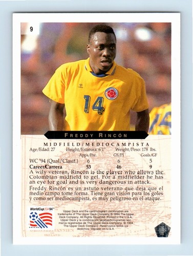 Tarjeta de fútbol Freddy Rincon 1994 Upper Deck World Cup Heroes and All-Stars #9 - Imagen 2 de 2