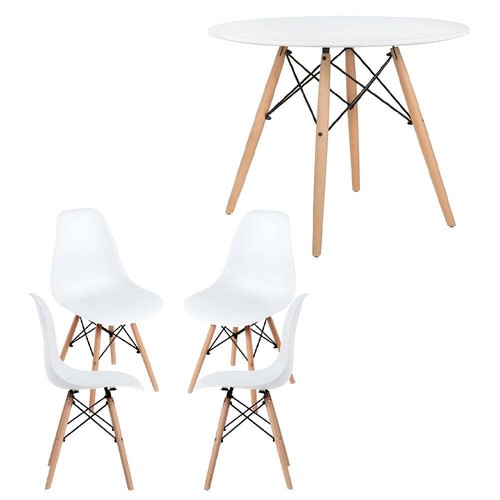 Conjunto comedor estilo nórdico, mesa redonda, 4 sillas, patas madera - Malmo - Imagen 2 de 8