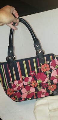TALBOTS BLACK CANVAS RED PINK FLORAL STRIPE HAND BAG PURSE BUCKLE HANDLES NICE