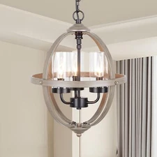 Farmhouse Chandelier,14" Industrial Rustic Globe Sphere Chandelier Wood Grain