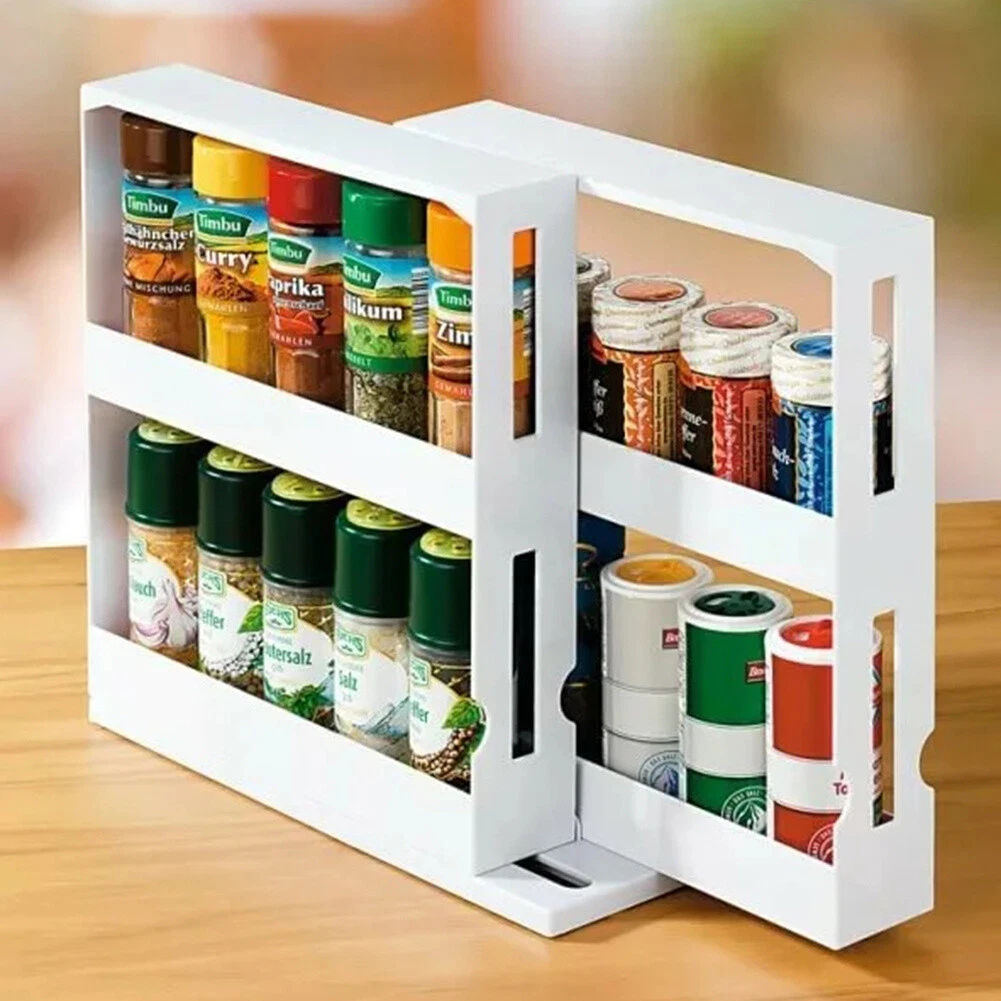 Rotating Pull Slide Shelf Jars Spice Rack Kitchen Cabinet Cupboard Storage Rack