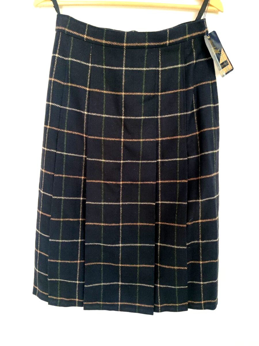 NWT Vintage Burberrys Pleated Skirt Long Wool Navy Plaid Tan Size 12 blue  label