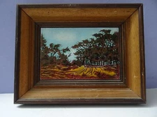 israel MANOR  enamel vtg painting judaica forest Field lovely view 