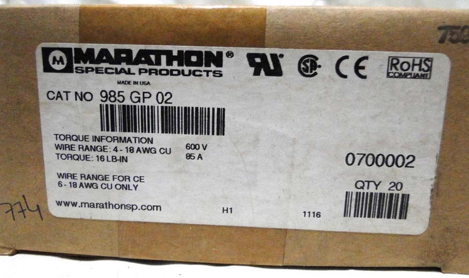 MARATHON SPECIAL PRODUCT CAT NO. 985 GP 02 WIRE RANGE: 4-18 AWG CU 85A QTY 20 - Image 2 of 4