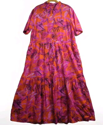 Vilagallo EVELINE JUNGLE PINK Dress Size 50 Tiered Maxi Button Front Floral 