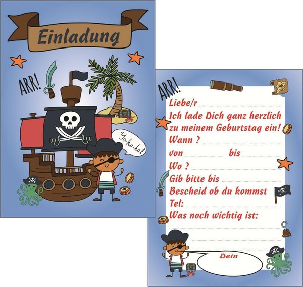 12 Kinder Geburtstag Einladungskarten Karte Einladung Party Pirat Piraten Schatz-image