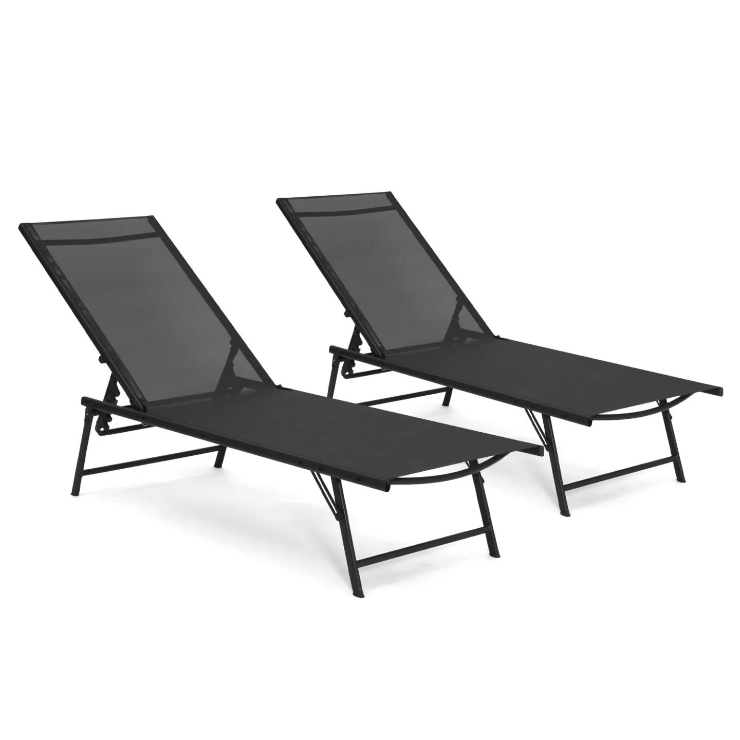 Transats de jardin KAILUA en acier noir et toile textilène pour terrasse - Lot de 2