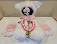 EMERGENCY SALE White and pink cat fursuit with paws, feet, and a bell 