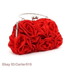 Women Flower Clutch Hand Sewn 14 Roses Satin Faux Silk Bag Wedding Handbag