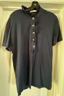 Tory Burch Lidia Ruffle Short Sleeve Polo Top Shirt Women s S Gold Buttons SZ XL