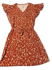 Nine West Women’s XL Brown White Abstract V-Neck Flutter Tie Waist  Dress
