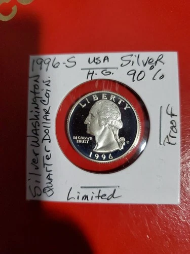 1996 S .90% Silver Washington QuarterDCAM Proof Protection 2x2 Mirror FinishCoin