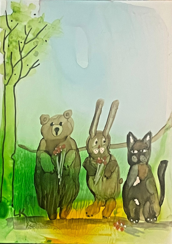 ACEO original Bear Rabbit Cat friends painting by Lynne Kohler 2.5x3.5"