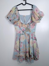 Guess Womens Floral Puff Sleeve Boho Smocked Dress Coquette Blue Sz M 15x36