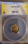 1964-D 10c Silver Roosevelt Dime MS 63 Toning ANACS