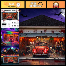 Halloween Garage Door Cover 7x16 FT - Funny Skeleton Design for 2-Car Garage Dec