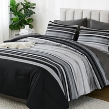 Comforter Size Set 7 Pieces, Boho Striped Grey Bed in a Bag Soft Full Black