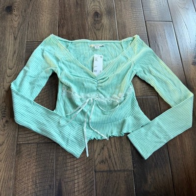 Urban Outfitters Kimchi Blue NWT Green Ribbed Lace Trim Top Long Sleeve Medium
