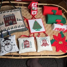 Set Of 10 Vintage needlepoint Crosstitch tapestry Christmas ornaments decoration