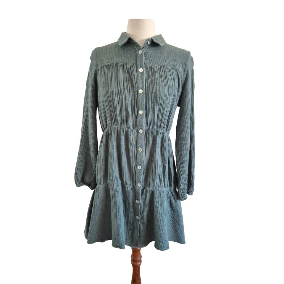 GUC Size 10 Women's Ally Green Shirt Mini Dress button front elastic cuff sleeve