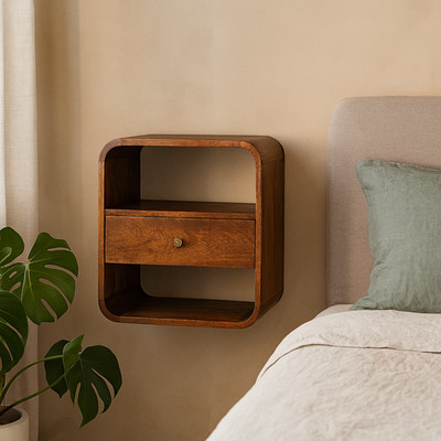 Solid Wood Chestnut Curved Edge Nightstand, 1-Drawer, 2 Open Slots