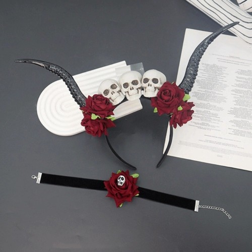 Skull Sheep Horn Hairband Gothic Style Red Rose Headband Festival Wear - Picture 13 of 14