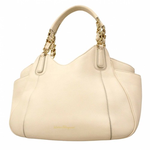 Salvatore Ferragamo Hand Bag Tote Purse Logo Leather Off White Authentic