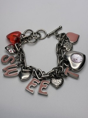 Working Fossil Silver  SWEET  Heart Charm Watch Bracelet Pink Rhinestone
