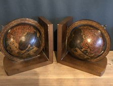 Old World Globe Rotating Sphere Wooden Bookends Made in Italy Set of 2 1970s