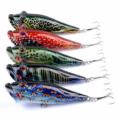 5Pcs Popper Fishing Lures Lot Topwater Bass Trout Bait 3D Eyes Crankbaits Tackle