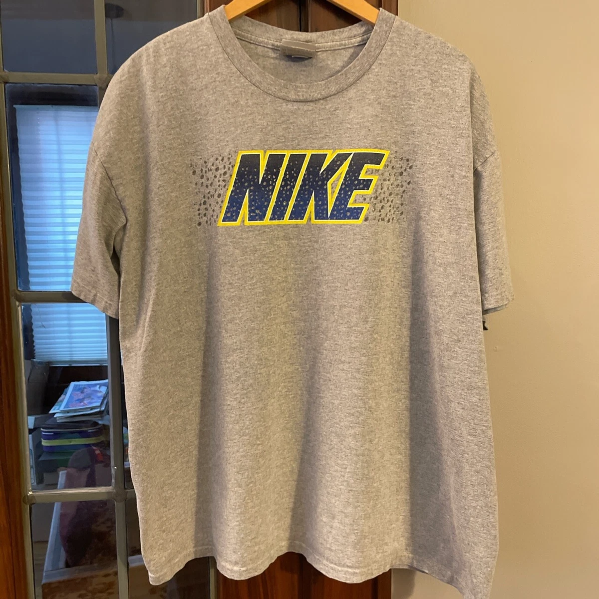 VINTAGE Nike T-Shirt Men's XL Center Big Logo Spell Out Gray 90s Y2K
