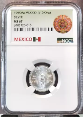 1995 MEXICO SILVER 1/10 ONZA LIBERTAD NGC MS 67 SCARCE BRIGHT GEM BU