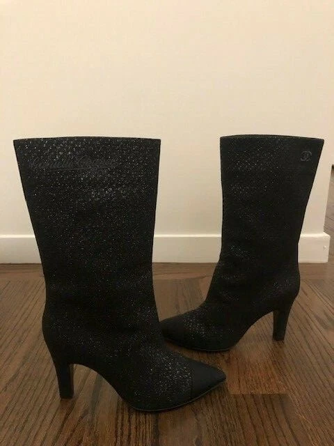 CHANEL Gabrielle Coco CC Signature Cap Toe Boots Heels Black 36.5 | eBay