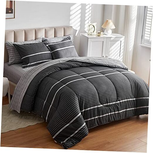Ombre Boho Striped Bed in a Bag 7 Pieces Queen Size, Queen-7pieces Dark-gray