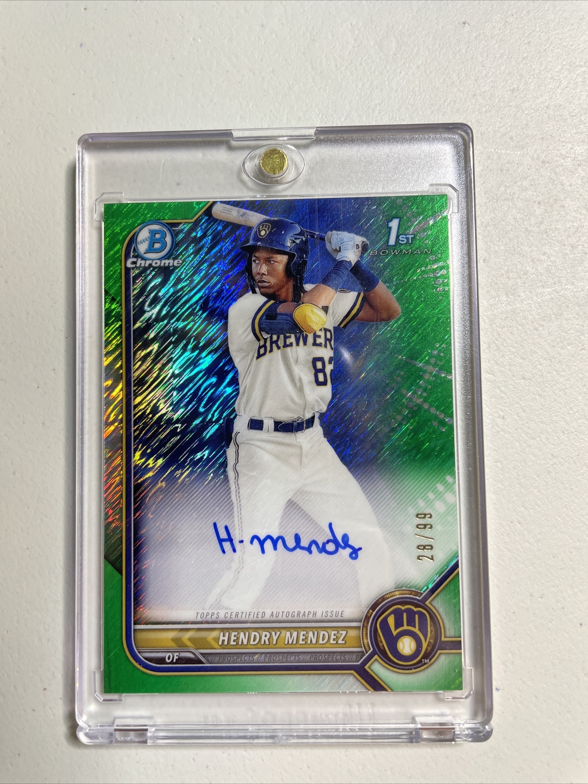 2022 Bowman Hendry Mendez 1st Chrome Green Shimmer Refractor Auto /99 CPA-HM