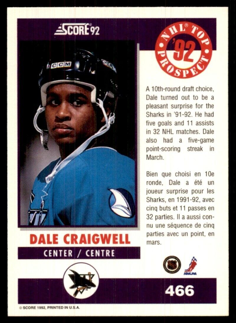 1992-93 Score Canadian Dale Craigwell San Jose Sharks #466 1992-93 Score Canadian Dale Craigwell San Jose Sharks #466
