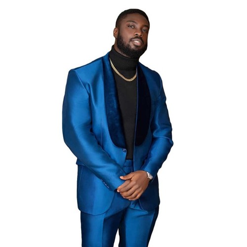 Royal Blue Men's Satin Suit 2 Pieces Slim Fit Velvet Shawl Lapel Jacket Pant Set - Picture 13 of 15