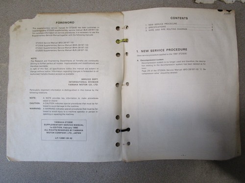 YAMAHA ET250E 1981 SUPPLEMENTARY SERVICE MANUAL P/N LIT-12618-00-32 VINTAGE - Picture 2 of 7