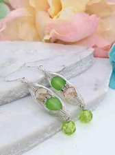 Green Sea Glass Artisan Wire Braided Silver Earrings-Geometric Dangles- Glass