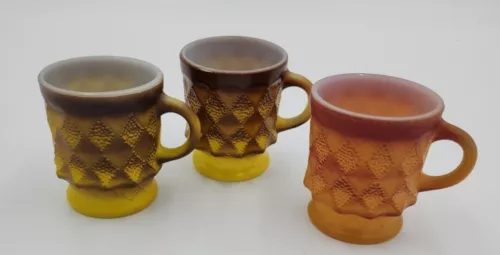 Vintage Set of 3 Fire King Kimberly Diamond Brown Yellow Orange Mugs 7oz
