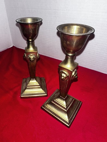 Vintage Heavy Pier One 2 Brass Candle Sticks Empire French Lion Head Column 8.5" - Picture 3 of 5